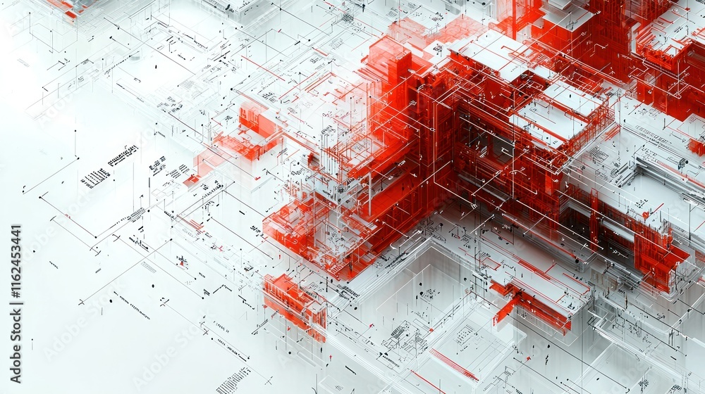 Poster abstract digital architecture in red and transparent layers.