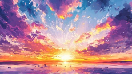 Naklejka premium Abstract Watercolor Background on Paper with a Colorful Sunset and Bright Sky
