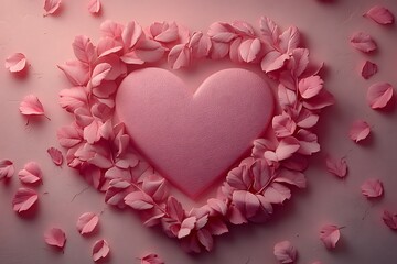 Obraz premium Pink heart surrounded by delicate petals on a pink background