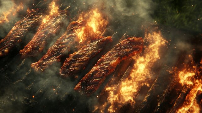 Looking down at perfectly seared steaks, parallel grill marks, intense charcoal fire, ethereal smoke swirls, pastoral green background, culinary art photography, natural sunlight, photorealistic