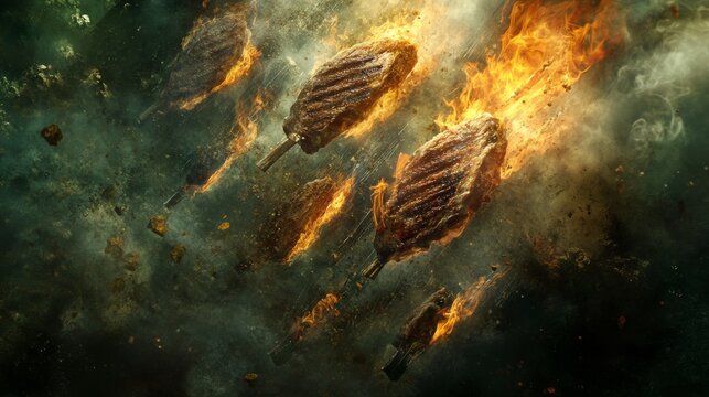 Looking down at perfectly seared steaks, parallel grill marks, intense charcoal fire, ethereal smoke swirls, pastoral green background, culinary art photography, natural sunlight, photorealistic