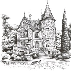 Obraz premium Hand-Drawn Sketch of a Majestic Stone Mansion with Tower and Lush Gardens.