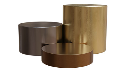 Podium stands isolated on white transparent, empty golden silver and bronze product display set 