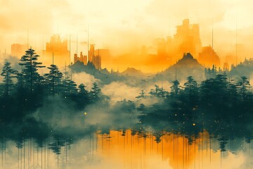 A City Skyline Hidden Behind Misty Forest Trees