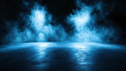 Fototapeta premium Ethereal Blue Mist in Mystical Dark Space with Reflections on Smooth Floor
