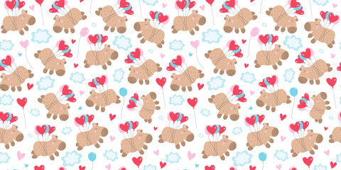 Obraz premium Funny happy cartoon capybara with balloons flying in the clouds. Pattern repeating. Animal, holiday, birthday, Valentine's Day. Heart shape. Seamless background.