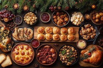 A festive spread of various dishes and snacks arranged for a celebration.