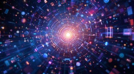 Fototapeta premium Vibrant abstract visualization of digital data flowing towards a central light source in a cosmic setting
