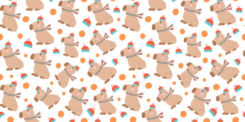 Funny cartoon capybara in warm clothes. Pattern, repeating background. Knitted hat scarf, orange. Animal, fruit, children's design.