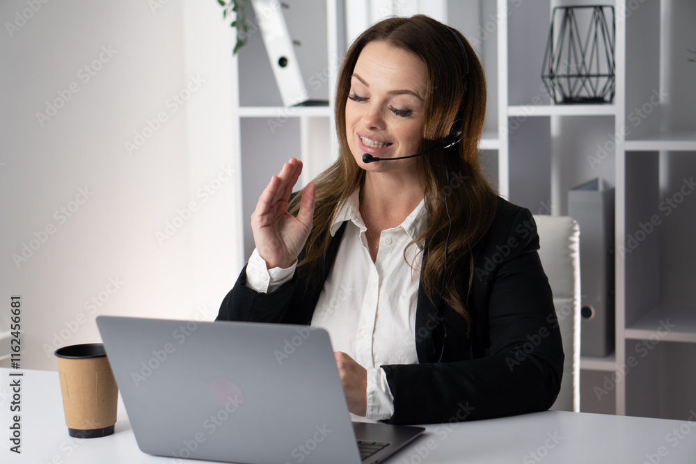 Aufkleber a confident businesswoman participates in a virtual meeting, showcasing professionalism and focus wh
