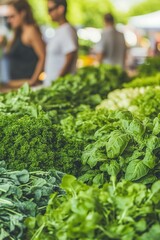 dynamic view of vibrant farmers market stall featuring variety of leafy greens bright herbs and vegetables