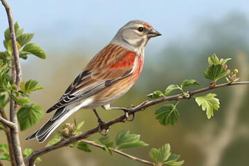 Vibrant linnet perched on branch in natural habitat.