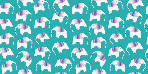 Pattern repeating elephants with multicolored blanket. Elephant day, elephant protection. Animal of Africa, India. Circus, zoo. Seamless background.
