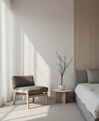 A minimalist bedroom with a wooden chair, a small tree, and a gray bed against a white wall