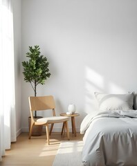 A minimalist bedroom with a wooden chair, a small tree, and a gray bed against a white wall