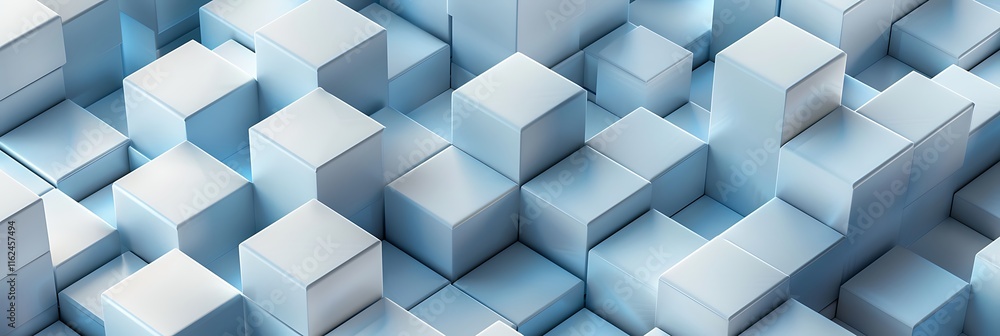Poster abstract 3d render of a geometric pattern with white and light blue cubes, creating a modern, minima
