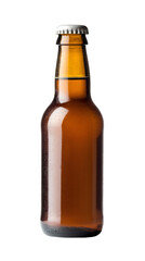 Glass beer bottle with condensation droplets, isolated on a clear background, ideal for presenting your drink product