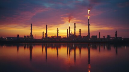 Fototapeta premium Oil refinery at sunset reflected in calm water.