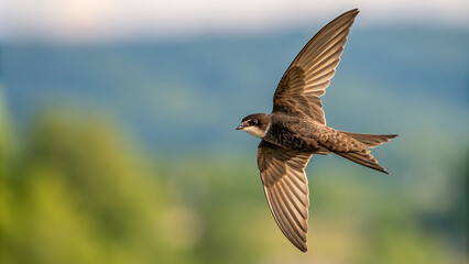Obraz premium Swift bird in flight against blurred green background.