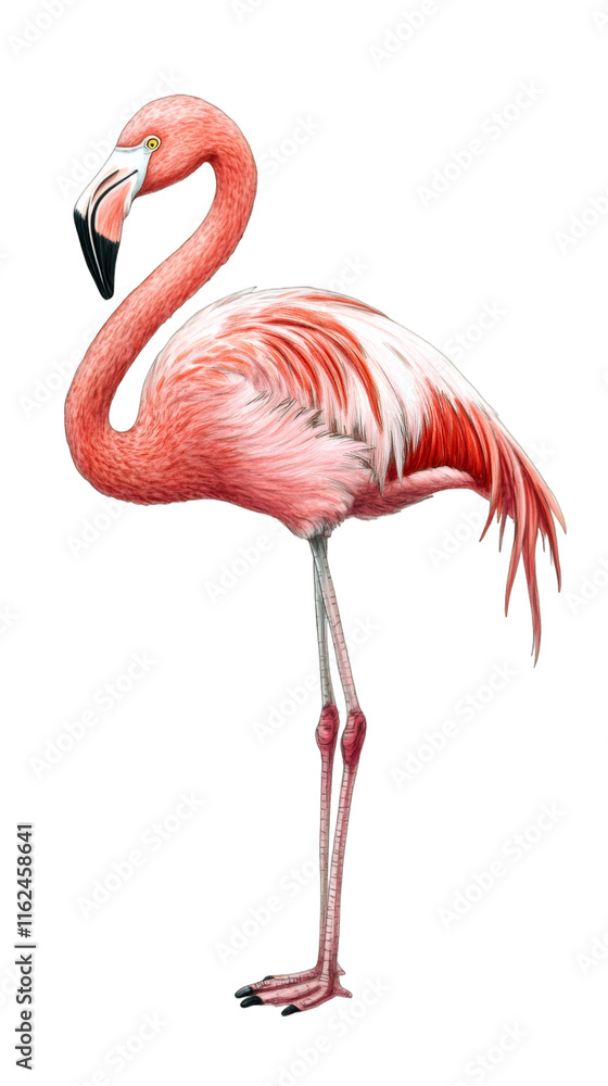 Poster elegant pink flamingo posing in profile against a transparent background, showcasing its vibrant fea