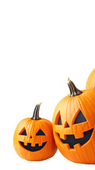 Two comically carved pumpkins adding a festive halloween vibe against a clear background