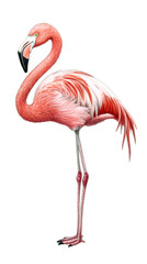 Obraz premium Elegant pink flamingo posing in profile against a transparent background, showcasing its vibrant feathers and graceful appearance