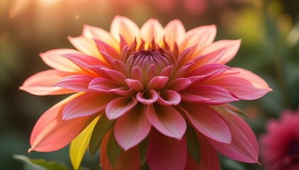 Fototapeta premium Primer plano de una vibrante flor de dalia rosa y verde con pétalos suaves y difusos sobre un fondo borroso