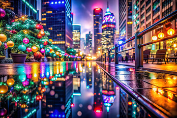 vibrant cityscape at night, showcasing colorful lights and reflections in water. festive atmosphere is enhanced by decorative elements and modern architecture