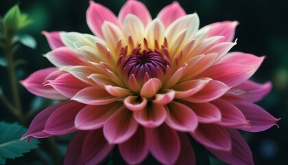 Obraz premium Primer plano de una vibrante flor de dalia rosa y verde con pétalos suaves y difusos sobre un fondo borroso
