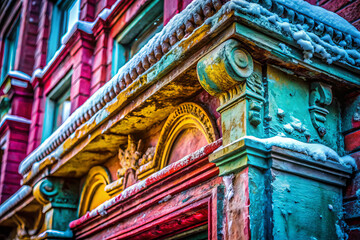Obraz premium Colorful architectural detail with snow on historic building, showcasing intricate designs and urban decay. vibrant hues contrast beautifully with winter scene
