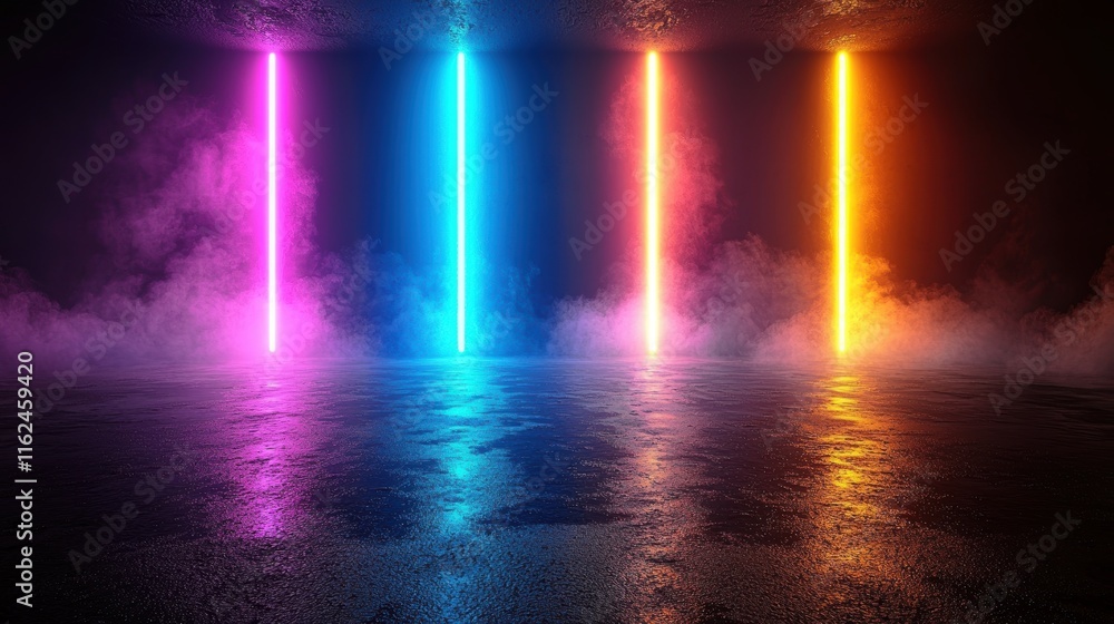 Poster vibrant neon lights in a dark misty environment create a dynamic atmosphere.