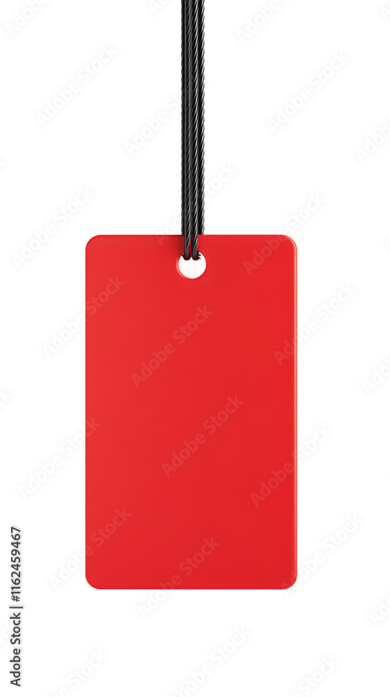 Poster Rectangular red label with black string on transparent background, ideal for displaying sales, promotions, or product details