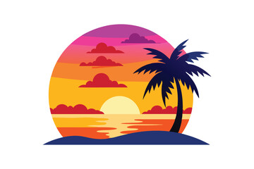 "Vibrant Tropical Sunset Beach Scene Landscape - Vector Illustration"


