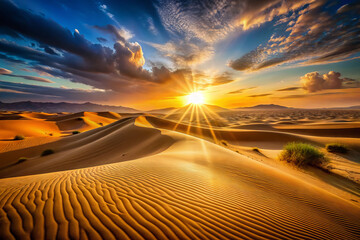 Naklejka premium Breathtaking golden hour desert panorama with sun drenched landscape, showcasing rolling sand dunes and dramatic clouds. serene and captivating view of nature beauty