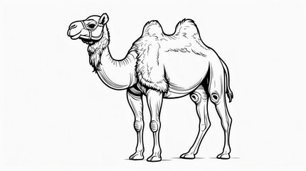 A detailed black and white illustration of a two-humped Bactrian camel standing suitable for drawing book
