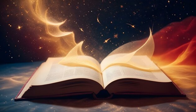 Un libro abierto con una luz m&aacute;gica y brillante que emana de las p&aacute;ginas sobre un fondo oscuro y estrellado