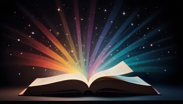 Un libro abierto con una luz m&aacute;gica y brillante que emana de las p&aacute;ginas sobre un fondo oscuro y estrellado