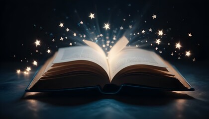 Un libro abierto con una luz m&aacute;gica y brillante que emana de las p&aacute;ginas sobre un fondo oscuro y estrellado