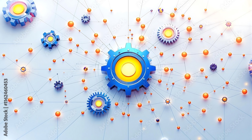 Poster conceptual graphic of software update and system installation with connected gears and circuit diagr