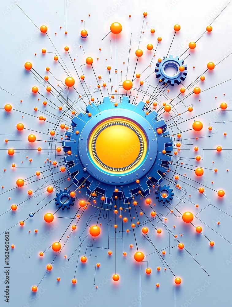 Poster conceptual graphic of software update and system installation with connected gears and circuit diagr