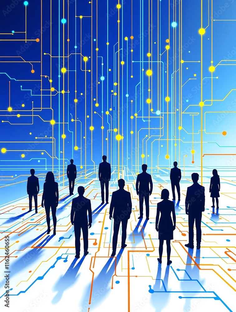Poster digital network connecting people through technology on modern abstract background with silhouettes 