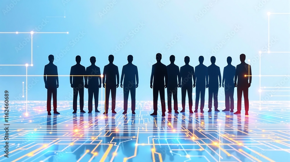 Poster digital network connecting people through technology on modern abstract background with silhouettes 
