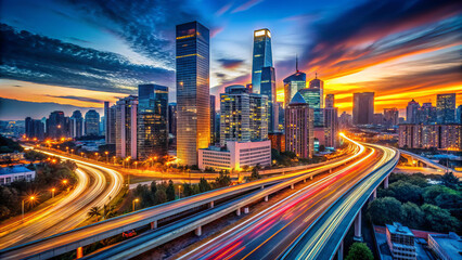 Fototapeta premium vibrant cityscape at dusk showcasing skyscrapers and light trails from vehicles. intense colors of sunset reflect off buildings, creating dynamic urban panorama