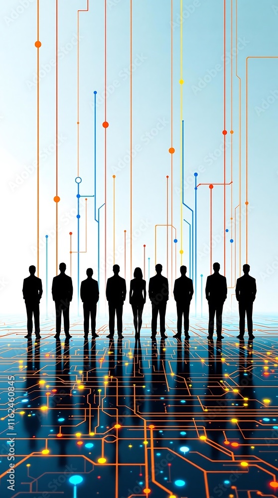 Poster digital network connecting people through technology on modern abstract background with silhouettes 