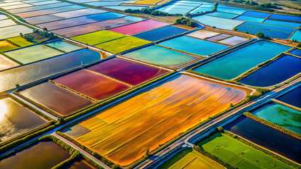 Vibrant aerial view of colorful geometric landscape with water bodies, showcasing stunning array of hues in agricultural fields. This captivating scene evokes sense of tranquility and beauty