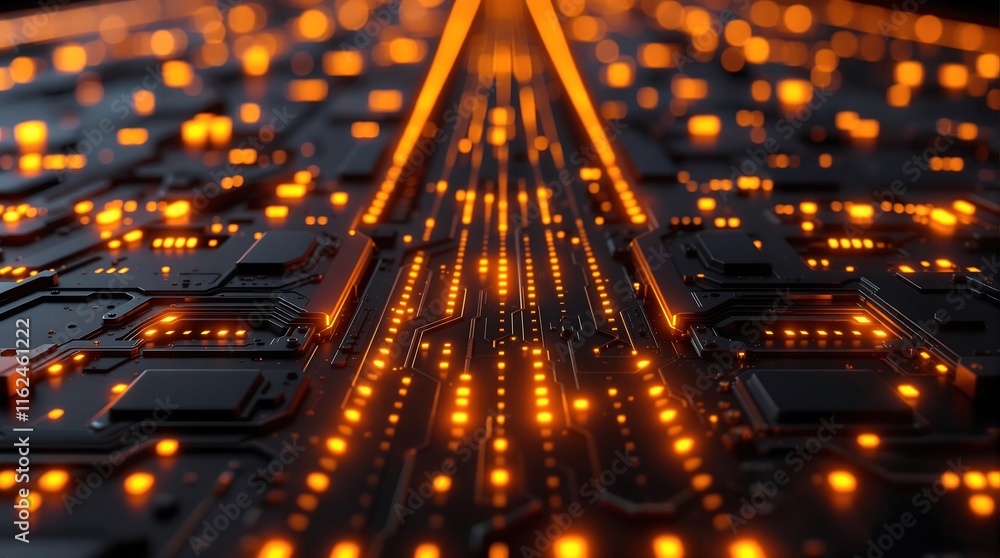 Poster futuristic circuit board with glowing orange lights symbolizing advanced technology in a high-tech d