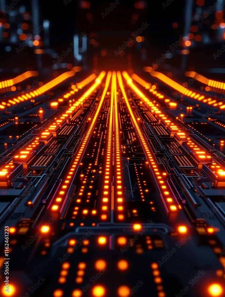 Poster futuristic circuit board with glowing orange lights symbolizing advanced technology in a high-tech d