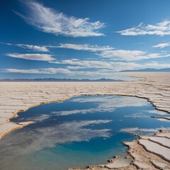 "An endless salt flat desert reflecting the brilliant blue sky like a mirror."