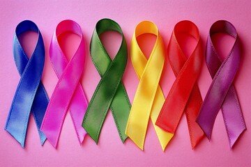 Rainbow of Awareness Ribbons: A vibrant collection of awareness ribbons in various colors, symbolizing support and solidarity for different causes.