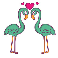 Two pink flamingos and two other birds in the water, a wildlife vector illustration